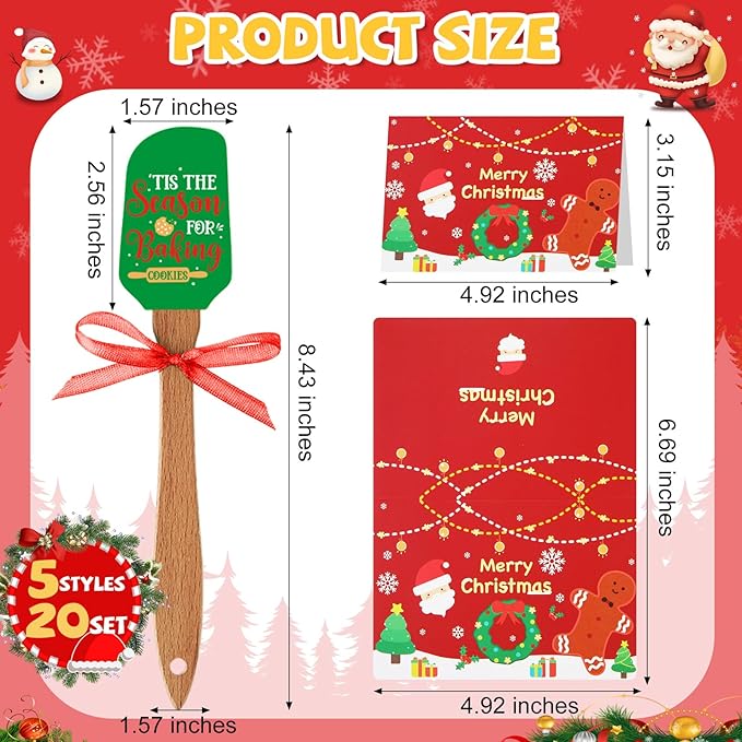 Newtay 20 Sets Christmas Silicone Spatula Cake Spatula Bulk Cooking Scraper with Wooden Handle Xmas Greeting Card Ribbon for Christmas Decoration Holiday Gifts Kitchen Party Favors (Classic Style)