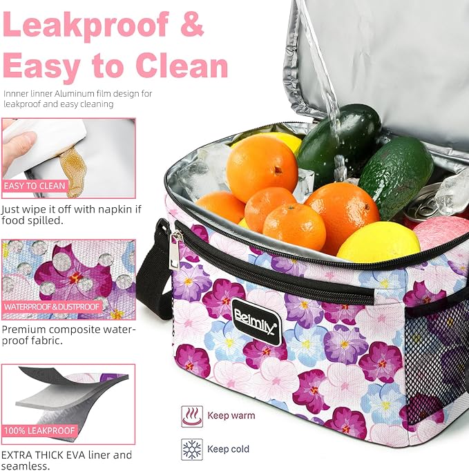 BEIMILY Lunch Bag for Women/Men,Reusable Lunch Box Small Lunch Bag Soft Sided,Leakproof Cooler Bag for Office Work Picnic Beach with Adjustable Shoulder Strap (lily flower)