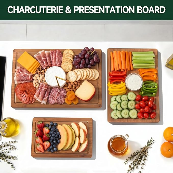 Bamboo Cutting Board Set of 3 with Holder for Compact Kitchens & Apartments | Deep juice grooves, non-slip feet and upright storage for faster drying. Great for fruit, vegetables and everyday meal prep.