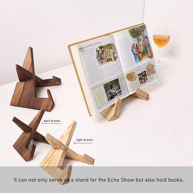 Solid Wood Tablet Computer Stands Compatible for echoshow 15, Echo Show 21,Support Both Horizontal and Vertical Modes.Cookbook Stand for Kitchen,Rustic Cook Book Holder Stand.(Light Brown)