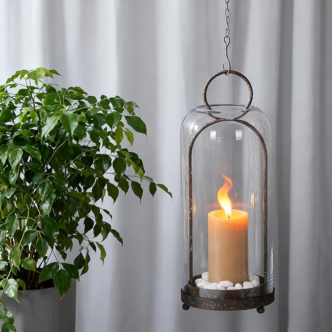 20" High Versatile Modern Metal Hurricane Lantern with Handmade Sturdy Glass Dome in Rustic Brown for Pillar Candle & Plants, Industrial, Farmhouse, Shabby Chic (Brown, 7.5"x20")