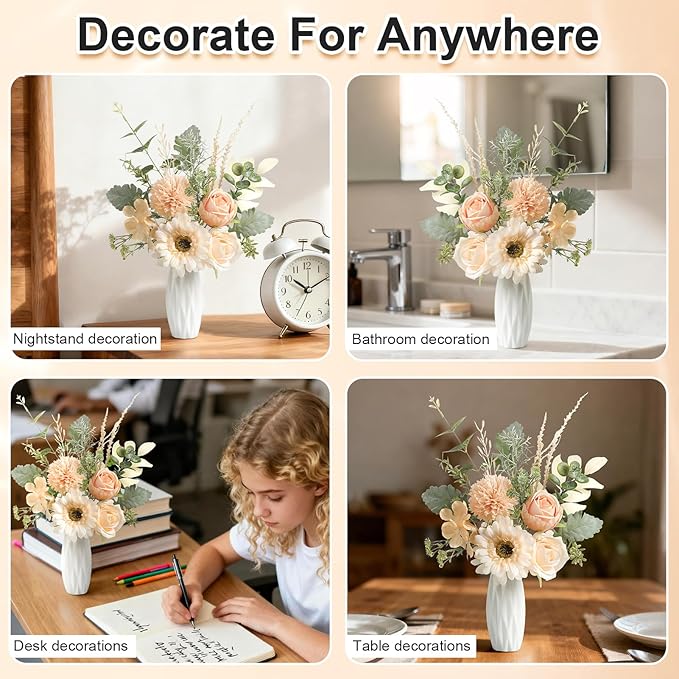 Small 11.8" Artificial Flowers in Ceramic Vase - Champagne Silk Flower Centerpiece for Dining Table, Office, Wedding & Farmhouse, Home Decor Gifts