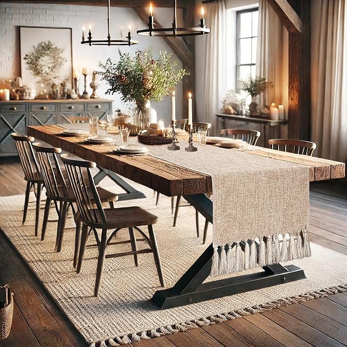 yuboo Boho Table Runner 90 inches Long- Rustic Burlap Linen Table Runner for Spring Wedding Decor, Bohemian Dresser Runners for Bedroom, Dining Table,Kitchen