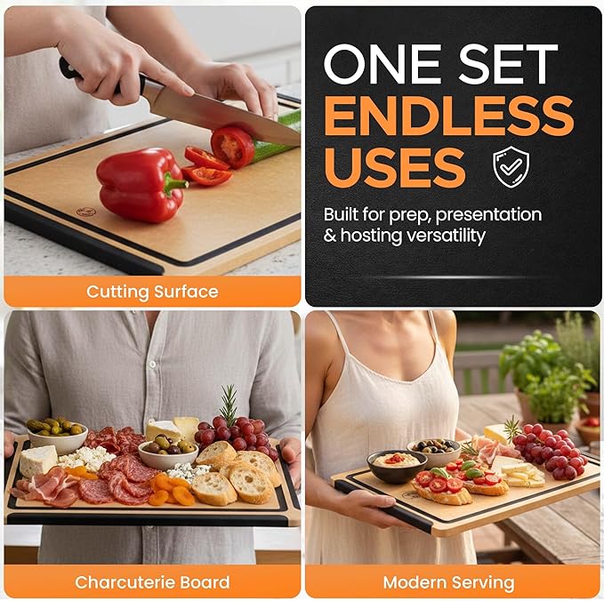 Earth's Dreams Composite Wood Cutting Board Set of 3 – Built In Juice Groove, Dishwasher Safe,Cutting Boards for Kitchen – Large, Medium & Small Non-Slip Wood Charcuterie & Chopping Boards (Tan/Black)