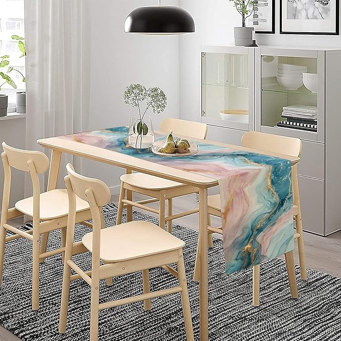 Marble Table Runner, Modern Luxury Foil Texture Pink Blue Gold Marble Printed Linen Table Runners for Kitchen Living Room Farmhouse Dining Room Party Home Decor 13" W x 60" L