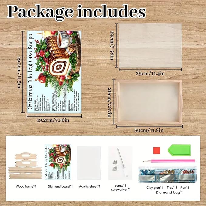 BAYUNOE DIY Diamond Serving Tray Christmas Rectangular Breakfast Tray with Handle Handmade Diamond Art Painting Wooden Tray for Dinner Plate Coffee Room Living Home Organizer-Cake
