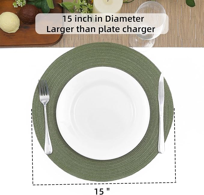 SHACOS Round Placemats Set of 12 Washable 15 inch Round Table Mats Cotton Polyester Woven Braided Place Mats for Dining Table Wedding Party Decor (Olive Green, 12)