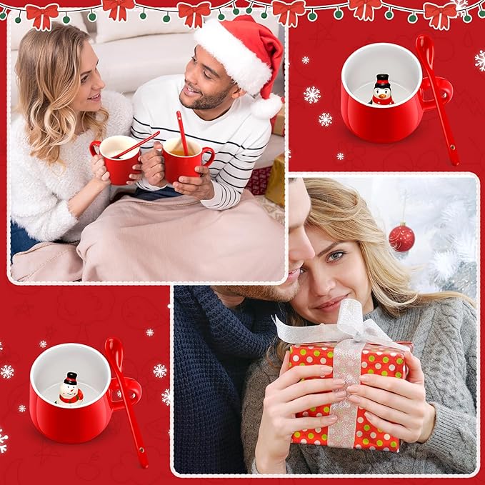 Uiifan 2 Sets 3D Christmas Coffee Mugs with Ceramic Spoon Penguin Snowman Cups 13.5 oz Cute Hot Cocoa Mug Animal Inside Mugs Cartoon Ceramic Cup Christmas Gifts for Women Men Birthday Party Supplies