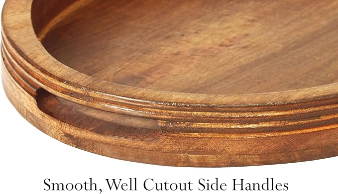 Croft&Cane Solid Wood Serving Tray - 16.75 x 12.5 Inch Oval Decorative Ottoman Tray - Hand-Carved Ribbed Design - Natural Wood Tray with Handles for Coffee Table, Kitchen, Breakfast & Décor