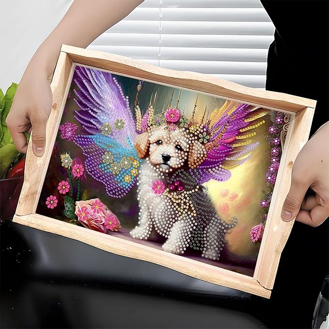 DIY Diamond Serving Tray Diamond Art Painting Creative Design Handmade Wooden Tray Dinner Plate for Coffee Breakfast Home Organizer-Dog