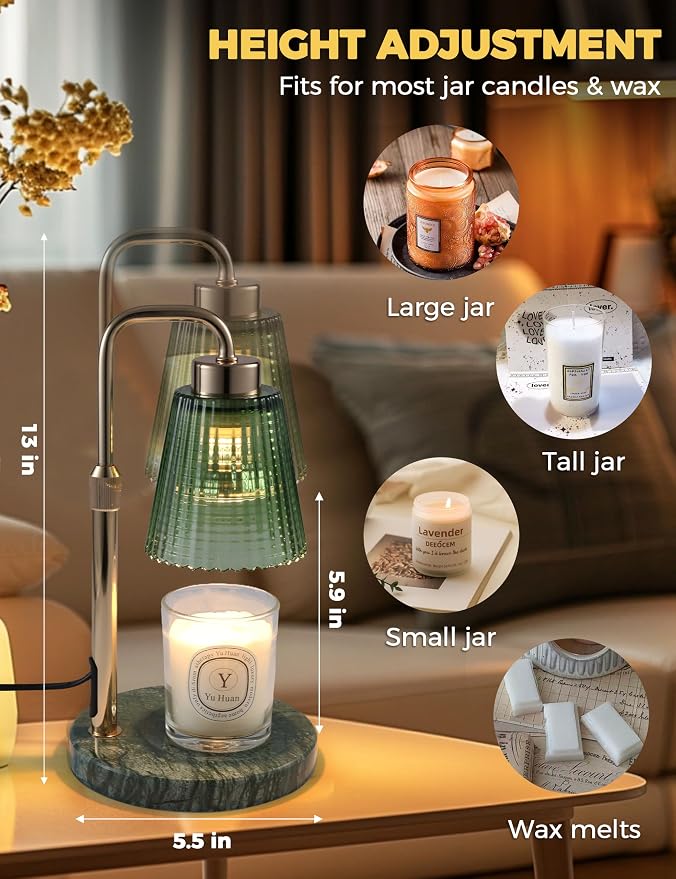 GODONLIF Candle Warmer Lamp with Timer Dimmable, Birthday Gifts for Women Mom, House Warming Gifts New Home Decor, Wax Melt Warmer for Jar Candles with 2 Bulbs, Green Marble Base