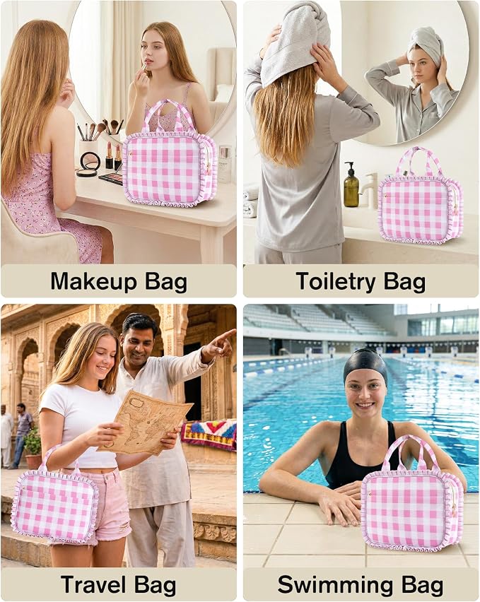 Stylish Checkered Gingham Lunch Bag for Women, Ruffled Trim Lunch Box for Adult Girls, Large Capacity Leakproof Reusable Lunch Box for Work School Picnic Travel (Pink&White)