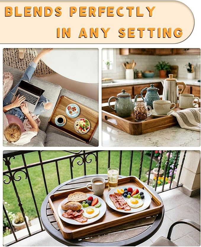 22" x 15.75" Acacia Wood Serving Tray with Handles & Rounded Corners | Large Rectangular Wooden Ottoman Tray for Living Room, Kitchen, Coffee Table, Food Serving