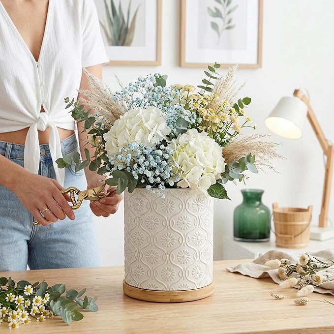 Utensil Holder, 360° Rotating Large Ceramic Kitchen Utensil Holder for Countertop, 5.8" Cooking Utensil Crocks for Kitchen Counter with Bamboo Base,Modern Farmhouse Decor (White)