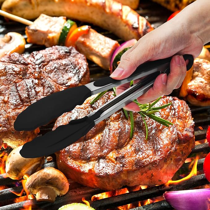 Premium Stainless Steel Heat Resistant Kitchen Tongs for cooking,set of 9" and 9" (Black),Non Scratch Silicone cooking Tong Tip for Cooking Pans,Strong Grip BBQ tongs for Grabbing Hot Food