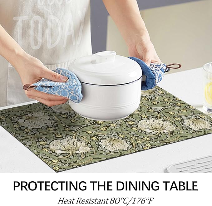 William Morris Placemats Set of 6 Vintage Floral Green Botanical Washable Heat Resistant Place Mats for Dining Table Cottagecore Linen Woven Wipeable Table Mats Kitchen Decor 11.8"X17.7"