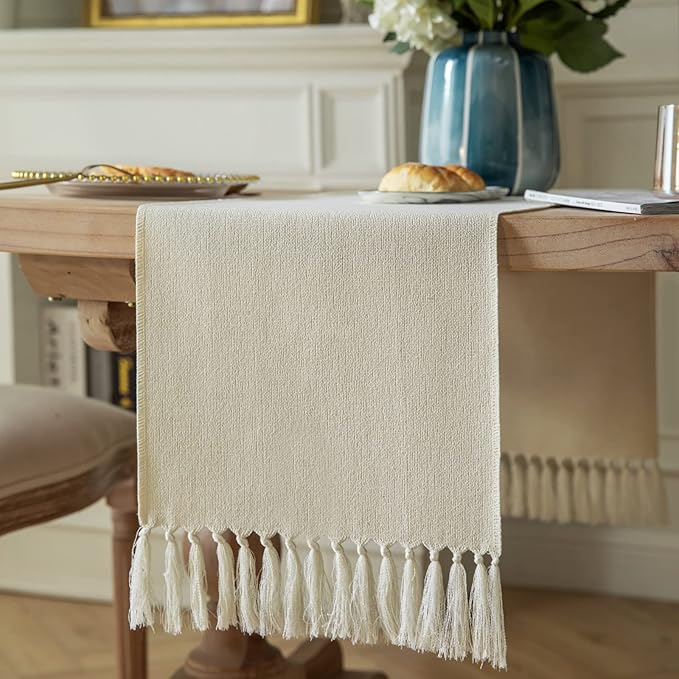 ZeeMart Cream Table Runners 60 Inches Long, Burlap Linen Style Rustic Farmhouse Table Runner, Boho Woven Dining Table Runner, 13x60 Inches, Cream