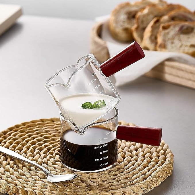 2 Pack Espresso Measuring Cups Glass, Small Measuring Double Shot Glass with Wood Handle, Clear Accessories, Coffee Measuring Cup, with V-Shaped Mouth, Milk Pitcher