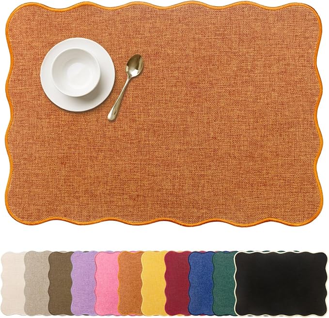 AHHFSMEI Faux Linen Placemats Set of 4 Heat Resistant Non-Slip Stain Proof Table Mats for Kitchen Dining Elegant Decor Place Mats (Orange 4)