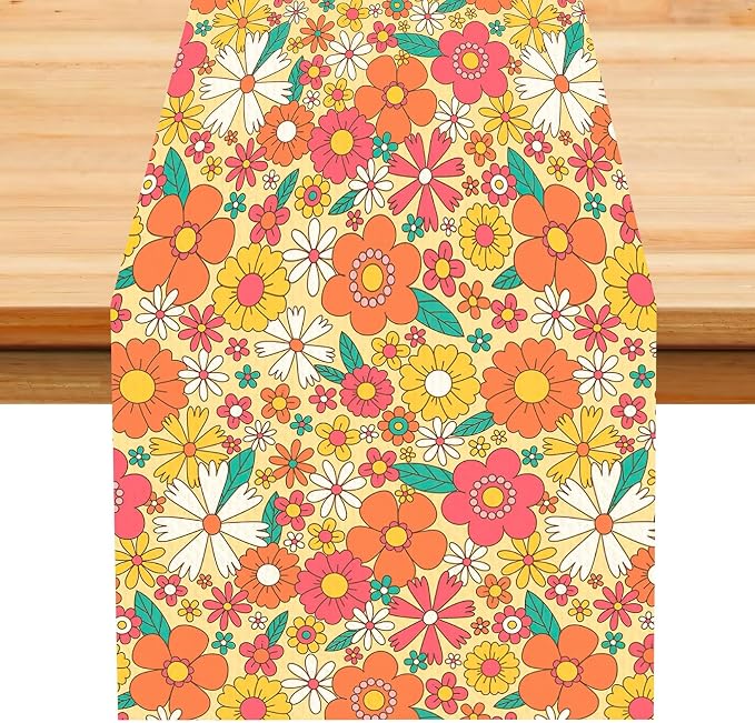 Retro 70s Floral Table Runner,Vintage Hippie Summer Groovy Daisy Flower Dinner Runner for Home Kitchen Dining Table Party Holiday Decor 13x70 Inch