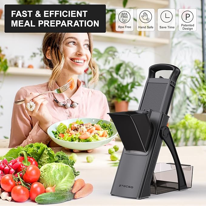 [All in 1] Upgraded Version Safe Mandoline Slicer for Kitchen, Adjustable Thickness. Veggie Slicer, Rapid Prep Mandoline, Detachable Blade, Cleaning Brush/Paring Knife (Black Knight)