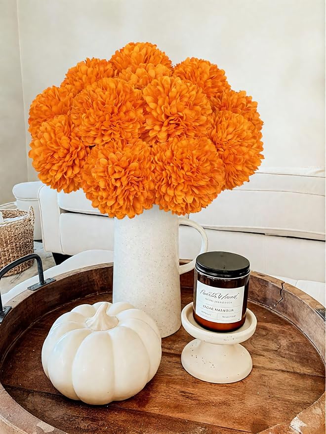 Briful 12 Pcs Artificial Orange Chrysanthemum Stems – 11” Tall Silk Mums Flower Heads with Green Leaves, Flexible Stems for Fall Floral Pick Arrangements, Home, Wedding & Seasonal Decorations