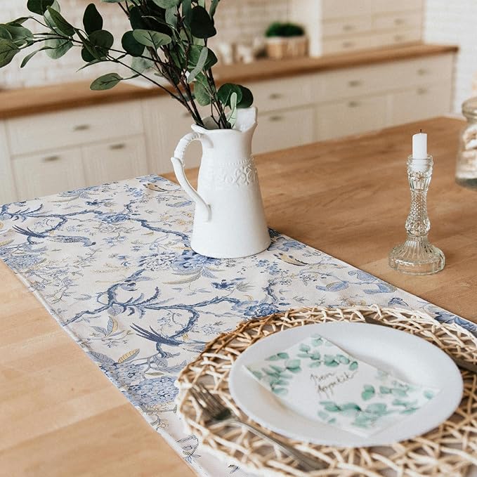 Snycler 13x108 Inch Table Runner Blue White Bird Flower Chinoiserie Table Runners Modern Elegant Luxury Farmhouse Geometric Table Center White Linen Decor for Home Dining Party Entrance