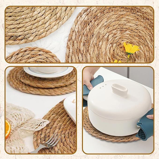 Round Woven Placemats Set of 6, with 72 Inches Long Farmhouse Macrame Table Runner Burlap Cotton Linen Table Runners Chargers for Dinner Plates, Beige & Brown