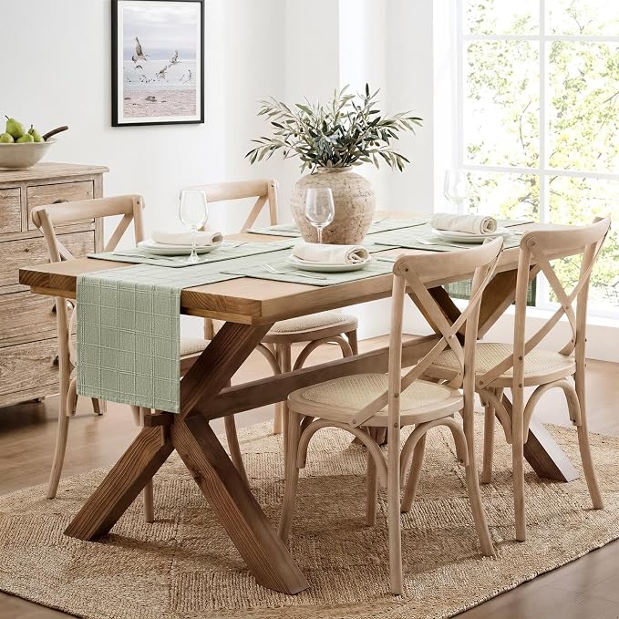 ZeeMart Linen Checked Farmhouse Table Runner, 13x60 Inches Seeding Green | Raised Grid Design, Rich Woven Texture, Linen Blend Table Runners 60 Inches Long, Machine Washable, Boho Home Kitchen Decor