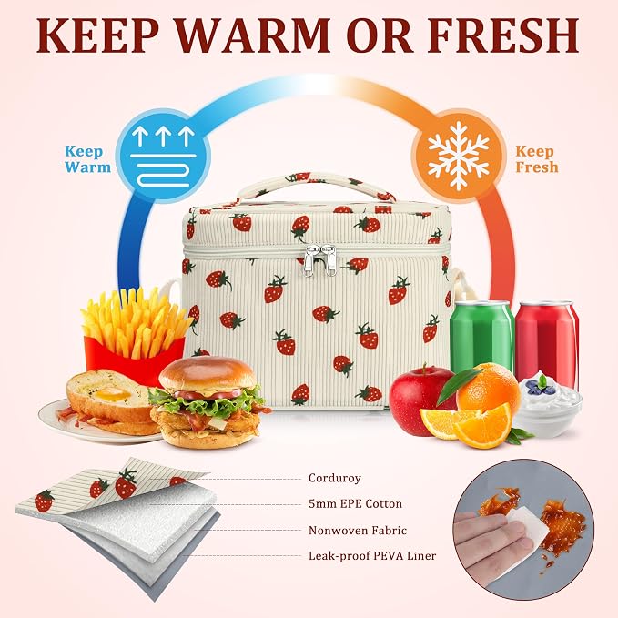 TESAFNG Insulated Lunch Bag for Women, Cute Corduroy Reusable Lunch Box for Adult, Leakproof Cooler Bag for Work Office Travel Picnic, Lunch Tote Bag with Adjustable Shoulder Strap (Strawberry)