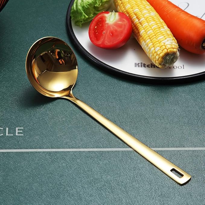Gold Ladle, Berglander Stainless Steel Kitchen Ladle With Titainium Gold Plating, Soup Ladle, Cooking Ladle, Metal Soup Spoon For Cooking, Dishwasher Safe, Easy to Clean