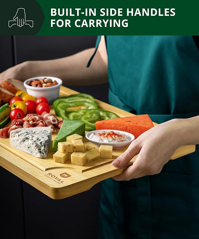 ROYAL CRAFT WOOD Bamboo Cutting Board with Juice Groove - Kitchen Chopping Board for Meat Cheese and Vegetables, Heavy Duty Serving Tray