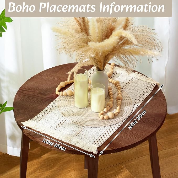 Boho Placemats 4/6/8 Set of Round Woven Placemat Macrame Style Bicolor Stitching Long Table Runner Farmhouse Rustic Natural Burlap Cotton for Kitchen Dining Table(6 Sets,Beige,12x72)