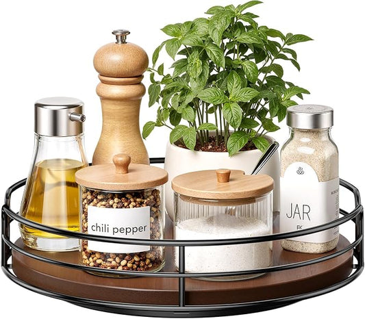 Optish 9" Lazy Susan Turntable for Table Top, Wooden Lazy Susan Organizer for Cabinet, Kitchen, Countertop, Pantry, Spice Organizer, Bathroom, Vanity, Table Decor, Non-Slip Bottom