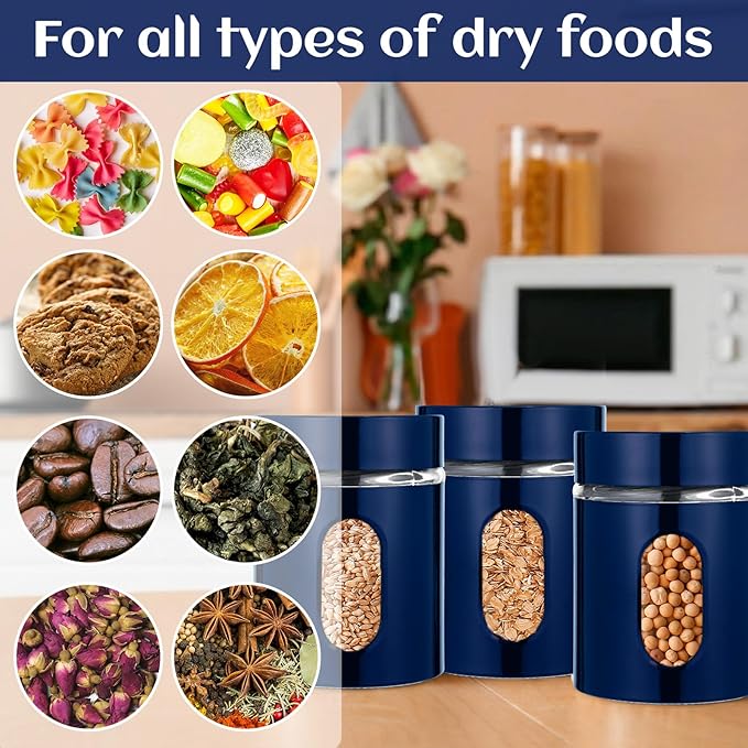 Mimorou 6 Pack Kitchen Canisters Set Airtight Coffee Sugar Tea Storage Jars with Window Glass Stainless Steel Containers with Lids for Flour Cookies Spices Grains Kitchen Decorations(Navy Blue,20 oz)