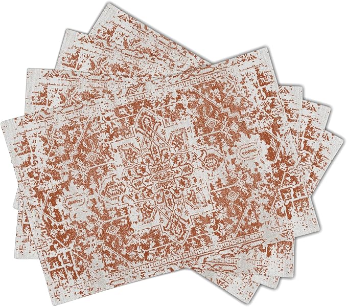 Gray Burnt Orange Boho Placemats Set of 4 Ethnic Bohemian Carpet Place Mats Washable Kitchen Dining Vintage Grey Geography Floral Linen Table Mats Stain Heat-Resistant for Home Party Indoor 12x18 in