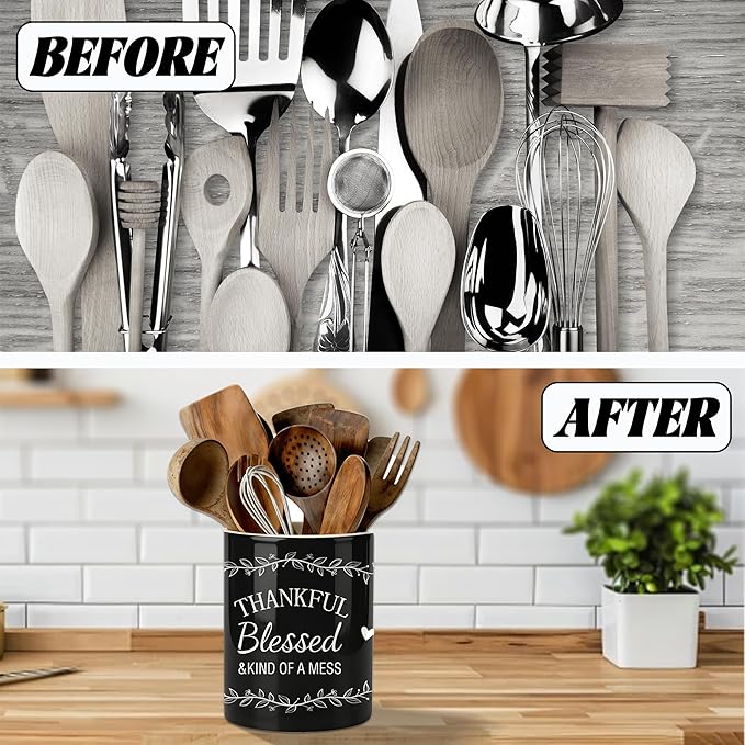Black Utensil Holder, Ceramic Kitchen Utensil Holder, Utensil Crock for Home Kitchen Countertop Storage Organizer Container, Large Holder for Spatulas, Spoons, Kitchen Counter Decor, 6"