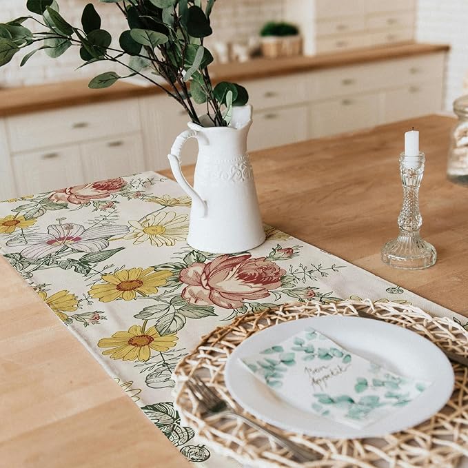Snycler 13x108 Inch Table Runner Wildflowers Floral Spring Table Runner, Seasonal Summer Daisy Kitchen Dining Table Luxury White Linen Decoration for Home Party