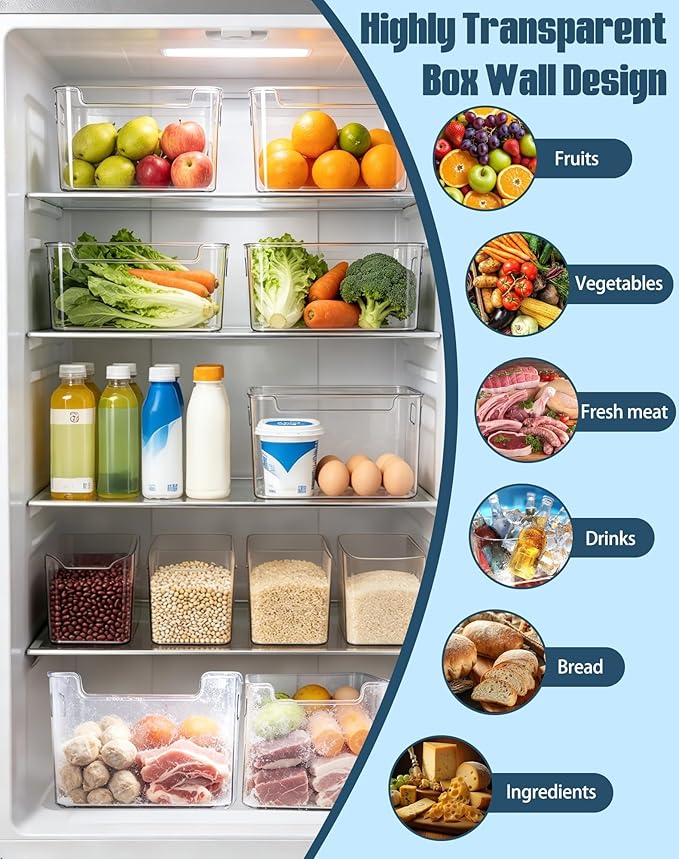 Crystal Clear Freezer Storage Bins - 2026 New Clear Plastic Bins for Refrigerator and Pantry, Stackable Kitchen Cabinet Organizer with Handles for Frozen Food, Meat & Veggies (clear,4S)