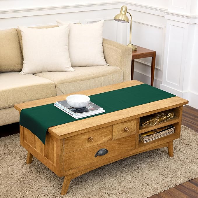 Solino Home 100% Pure Linen Dark Green Table Runner 48 Inches - 14 x 48 Inch for Coffee Tables, Dresser - Sonoma Collection