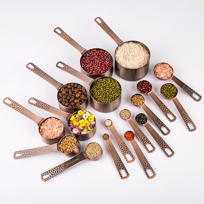 Copper Measuring Cups and Spoons Set, Stainless Steel Measuring Cups Spoons, Metal Metric & US 8 Measure Cup, 9 Kicthen Measure Spoons & Leveler for Baking & Kitchen