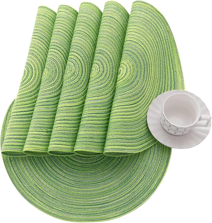 SHACOS Round Placemats Set of 4 Round Table Placemats Braided Cotton Place Mats 15 inch for Kitchen Dining Table Holiday Party (Mixed Color Pea Green, 4)