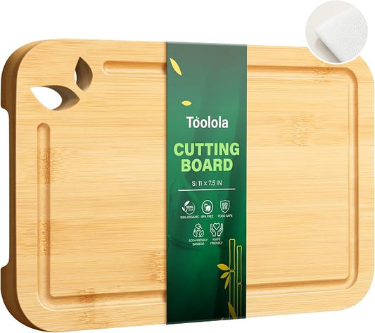 11 x 7.5 inch Bamboo Cutting Boards for Kitchen with Silicone Mat, Lightweight & Knife-Friendly Wood Cutting Board Set with Side Handles and Juice Grooves, Natural