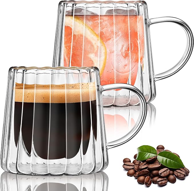 Joeyan Double Walled Glass Coffee Mugs,Latte Cappuccino Tea Cups with Handle,Insulated Borosilicate Espresso Shot Cups,Glass Milk Creamer Pitcher Frothing Cup Hot Beverage Glassware,8.5 oz,Set of 2