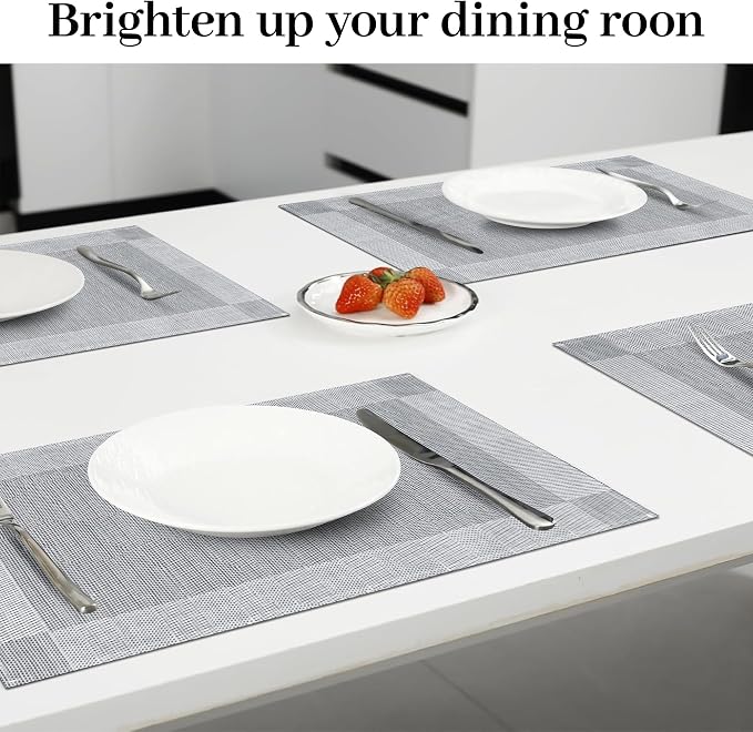 Bloss Placemats Set of 4, Linen Woven Place Mats for Kitchen Table Indoor/Outdoor, 12" x 18" Washable Silver Gray Placemat Dining Table Mats
