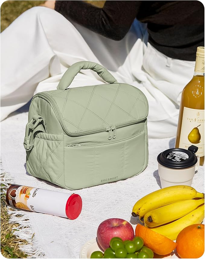 BAGSMART Insulated Lunch Bags for Women, Cute Quilted Lunch Box, Lightweight Puffy Padded Waterproof Lunch Tote, Reusable Lunch Cooler for Work Picnic Travel, Sage Green