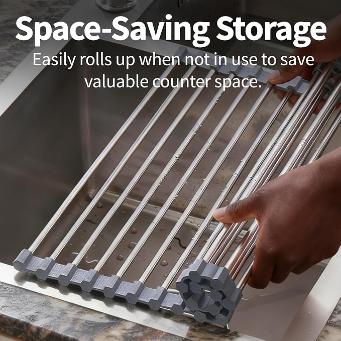 Roll Up Dish Drying Rack for Over Sink - 17.5"x15.7" Foldable Stainless Steel Kitchen Drainer,Gray
