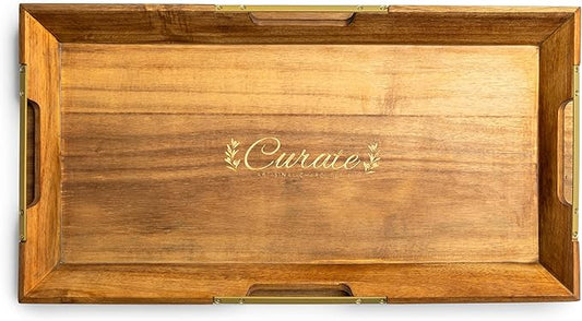 Curate Large Acacia Wood Serving Tray with Handles for Coffee Table, Breakfast & Dinner, Rustic Decorative Wooden Serving Tray for Kitchen, Dining & Charcuterie Boards, (20.8” x 15.3” x 2”)