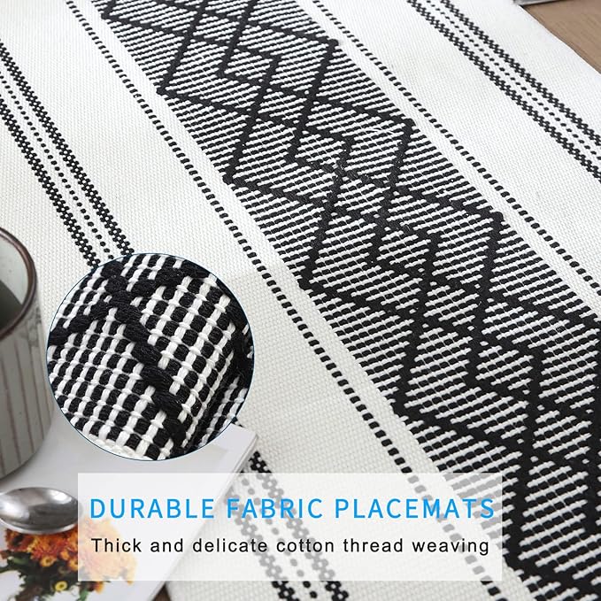 Elegant Thick placemats for Dining Table Decor Farmhouse Heat Resistant Table Place mats Set of 4 Quality Woven Cloth Placemats Washable Dinner mats (Black, 4)