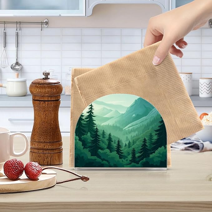 Napkin Holder Acrylic Napkin Holder for Table Kitchen Party Restaurant U Shaped Upright Napkin Dispenser Organizer Mountain Forest Trees Green 02